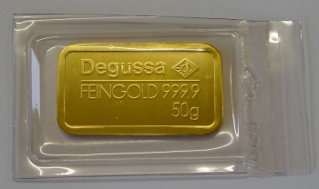 Goldbarren 50 Gramm Gold Degussa, in originaler Folie