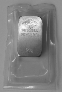 Silberbarren 50 Gramm Feinsilber, Degussa, Sargform